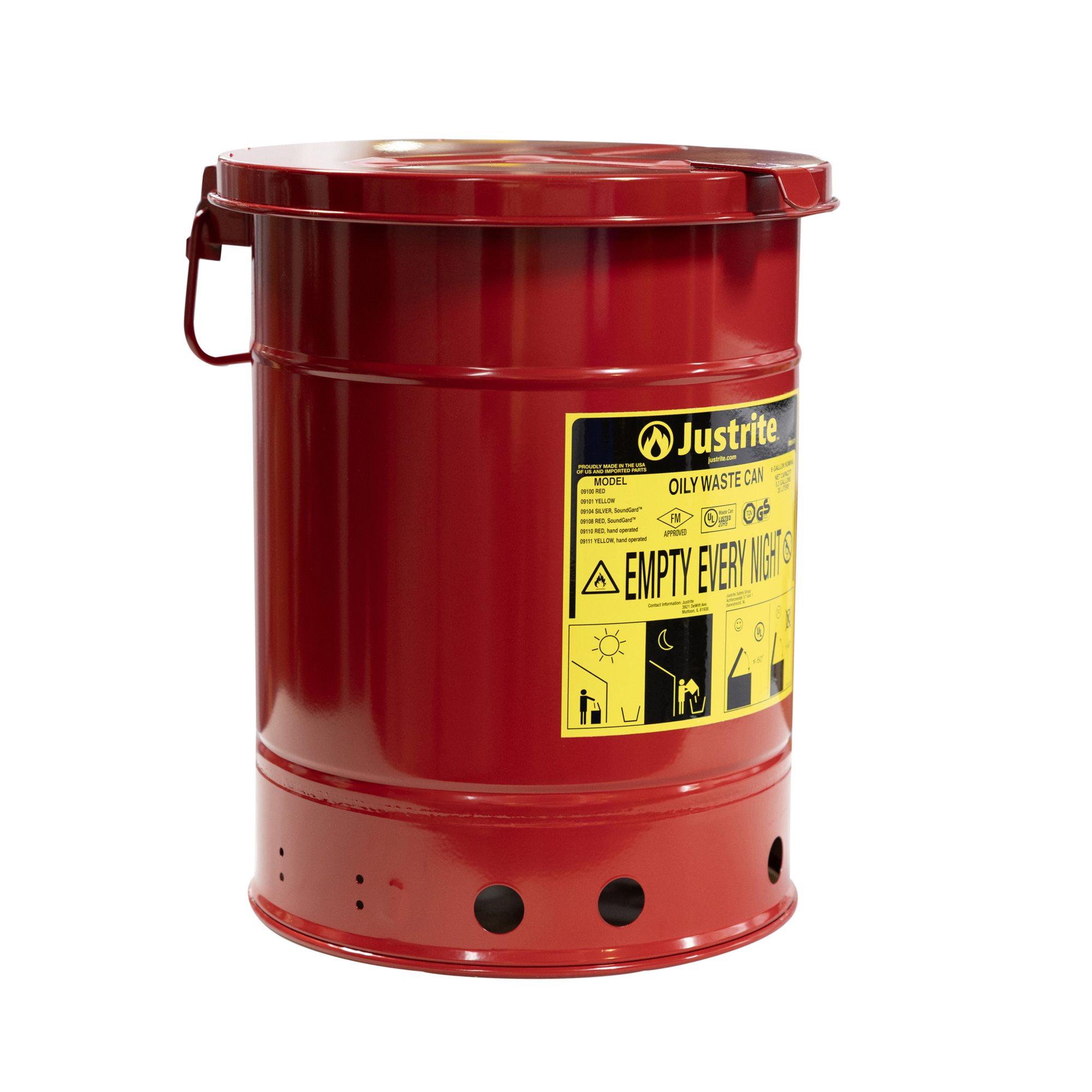 Justrite Oily Waste Can — 6 Gallon, Hand-Operated Cover, Red, Model# 09110